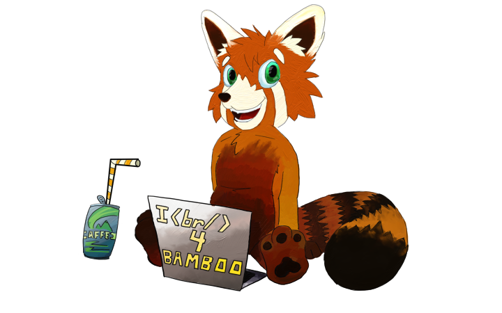 A happy red panda enjoying caffeinated beverages while coding.